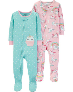 Carter's Pijama de algodón con pies para niñas pequeñas, Paquete de 2