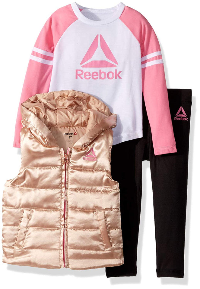 Reebok - Chaleco de 3 Piezas para Chica Deportiva, Chaleco de Puffer, Playera Varsity, Juego de Leggings