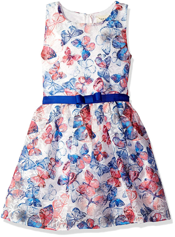 BTebre - Vestido de Organza con Estampado de Mariposas y Cinta de Contraste para niña