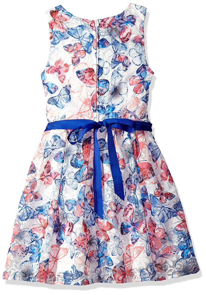 BTebre - Vestido de Organza con Estampado de Mariposas y Cinta de Contraste para niña